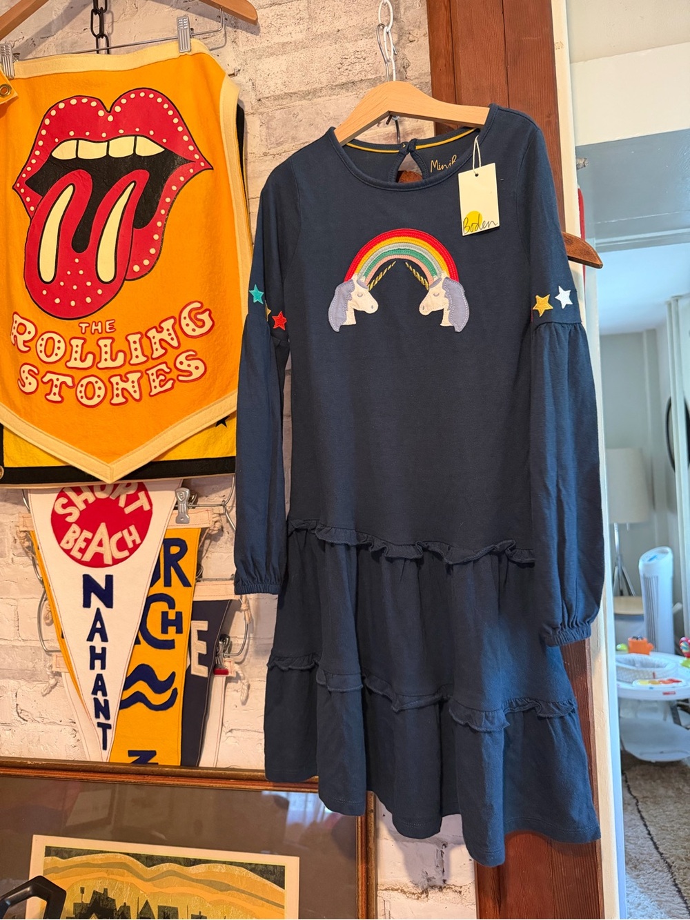 NWT Mini Boden Navy Dress with Rainbow & Unicorns